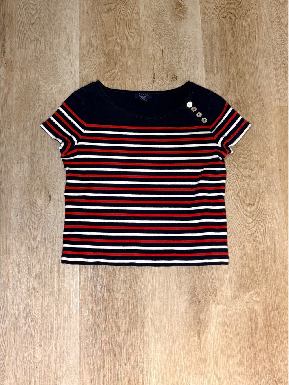 Chaps Striped Top Petite Size XL w/ Buttons Cotton Nautical Preppy Casual